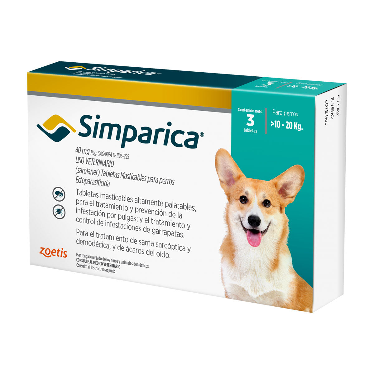 Simparica 10 a 20 kg 3 comprimidos – Antiparasitario Antipulgas y Garrapatas para Perros