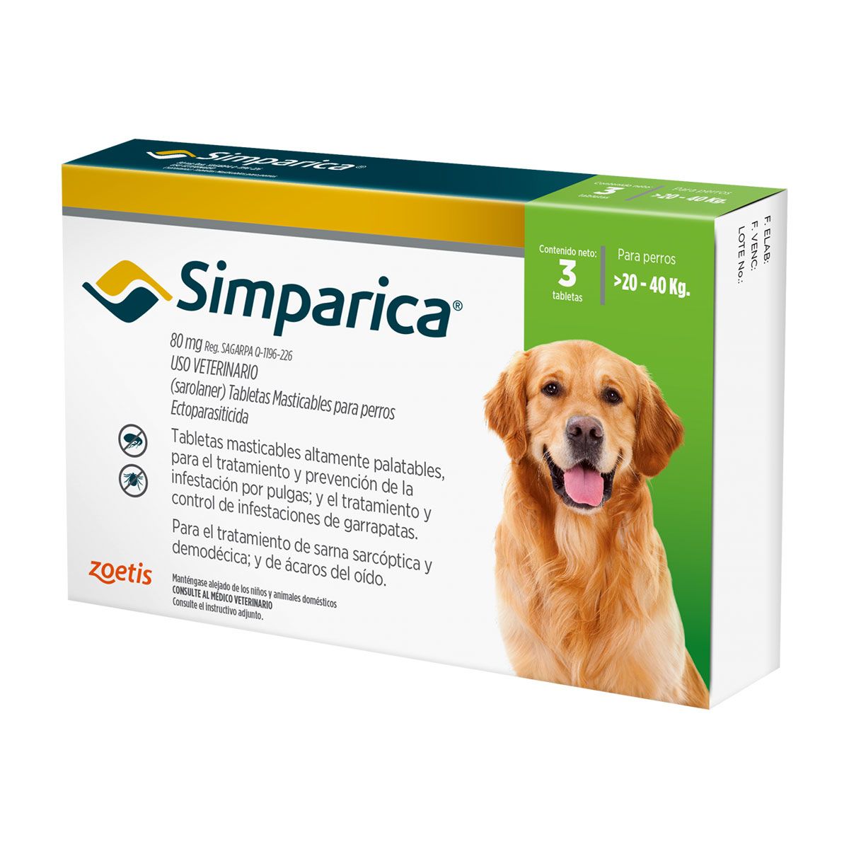 Simparica 20 a 40 kg 3 comprimidos – Antiparasitario Antipulgas y Garrapatas para Perros