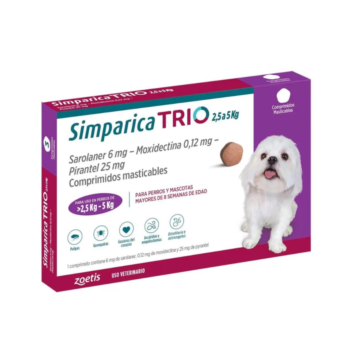 Simparica TRIO 2.5 a 5 kg 3 comprimidos – Antiparasitario Interno y Externo para Perros