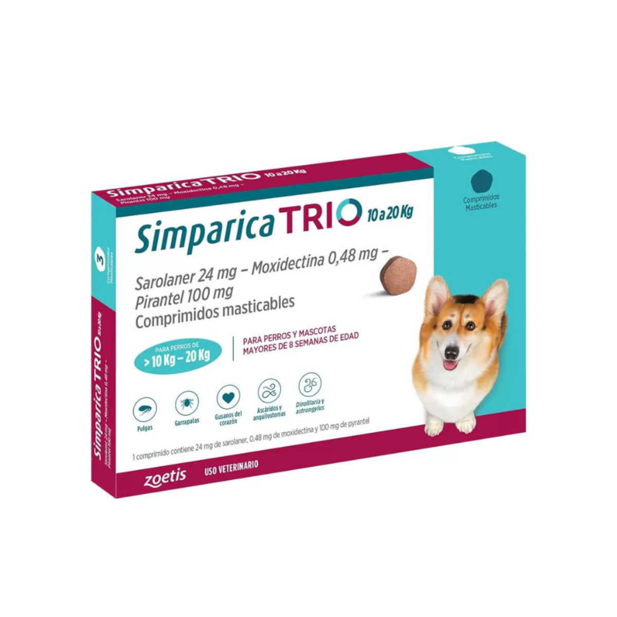 Simparica TRIO 10 a 20 kg 3 comprimidos – Antiparasitario Interno y Externo para Perros