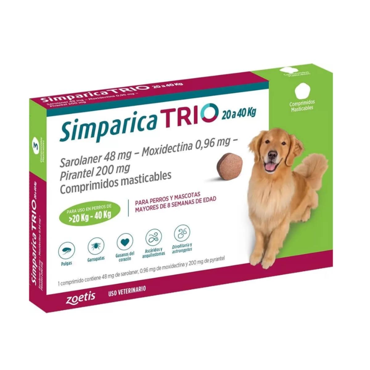 Simparica TRIO 20 a 40 kg 3 comprimidos – Antiparasitario Interno y Externo para Perros