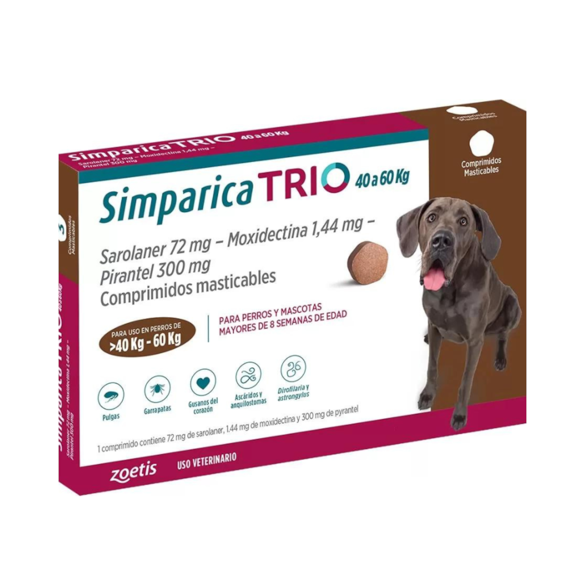 Simparica TRIO 40 a 60 kg  3 comprimidos – Antiparasitario Interno y Externo para Perros