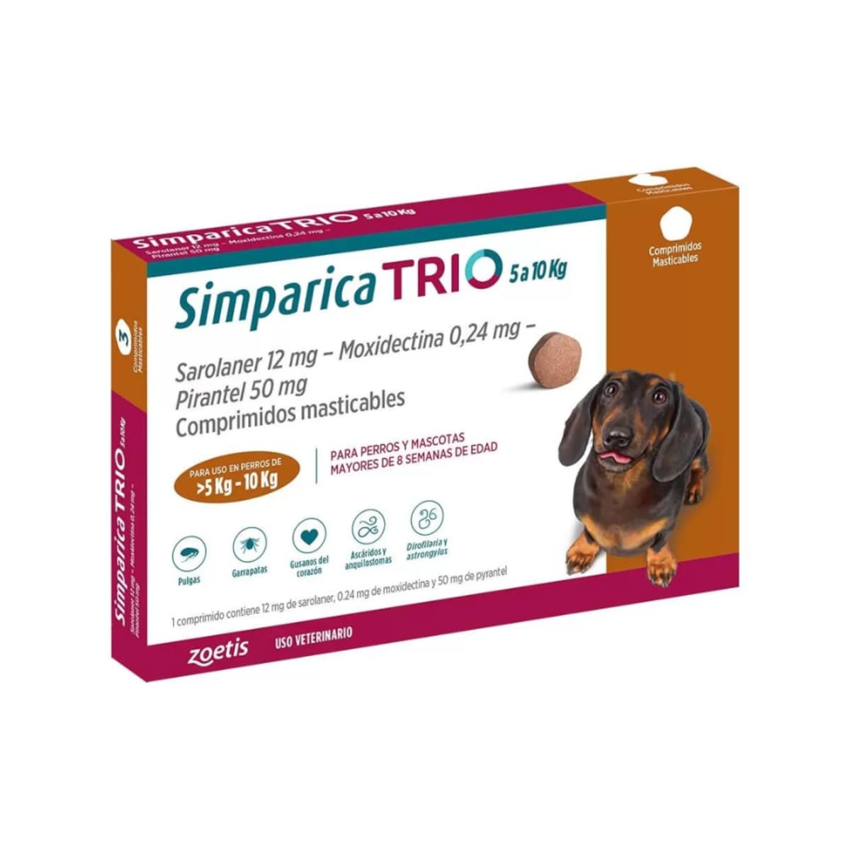 Simparica TRIO  5 a 10 kg 3 comprimidos – Antiparasitario Interno y Externo para Perros